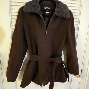 NY & Co | Brown Zip Up Wool Lined Collar Belted Coat Size: S